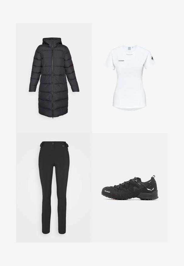 Doudoune noire avec capuche, dotée d'une fermeture éclair, de manches longues et d'un design matelassé horizontal. Deux poches latérales incluses.; T-shirt de sport à manches courtes, blanc, avec un col rond, arborant un logo sur la poitrine et une texture de tissu lisse et léger.; Pantalons noirs ajustés en matériau flexible. Les caractéristiques comprennent une poche latérale zippée, des genoux articulés et une texture lisse.; Chaussures de randonnée noires avec une tige en tissu texturé, un système de laçage et une semelle en caoutchouc robuste. Agrémentées de détails réfléchissants et de logos.