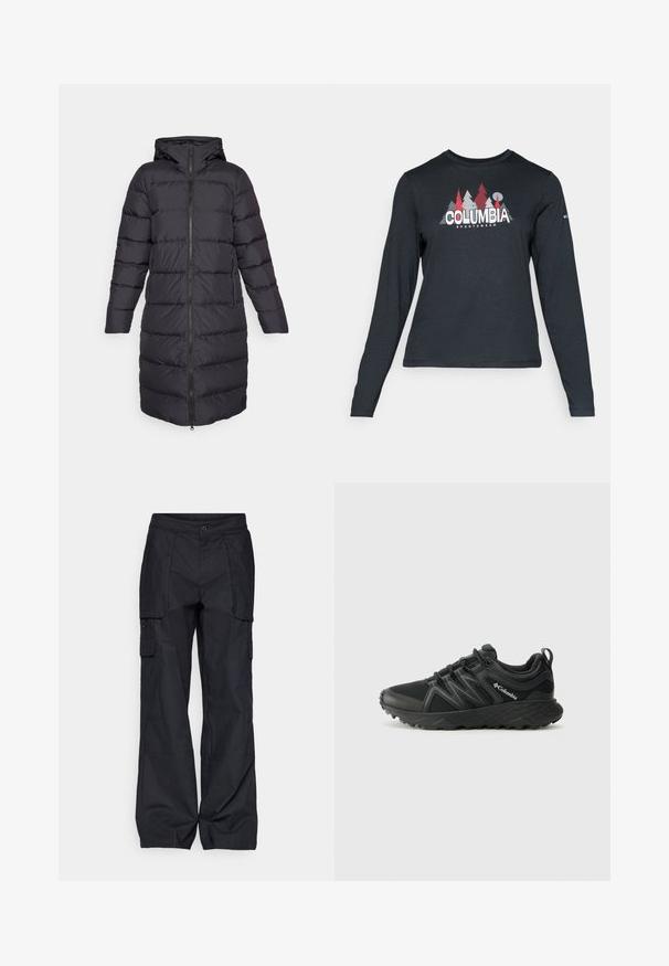 Juodas pūkinis paltas su gobtuvu, su užtrauktuku, ilgomis rankovėmis ir horizontaliai siuvinėtu dizainu. Įrengti du šoniniai kišeniai.; Ilga rankovė tamsiai pilka marškinėliai su raudonų medžių ir kalnų grafika; drąsaus baltos spalvos teksto "COLUMBIA" logotipas. Minkšta medžiaga, standartinis apvalus kaklas.; Columbia BREA FALLS™ COTTON RIPSTOP PANT - Lauko kelnės - black; Columbia PEAKFREAK - Turistiniai batai - black