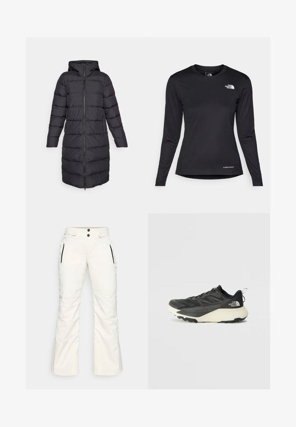 Crna puf jakna s kapuljačom, sa zatvaračem, dugim rukavima i horizontalnim kvadratom. Uključena su dva bočna džepa.; The North Face SHADOW LONG SLEEVE - Top dugih rukava - black; Bijele skijaške hlače s glatkom teksturom, sadrže dva zip zatvorena bočna džepa, dva dugmeta u struku i blago prošireni dizajn nogavica.; Crna atletska cipela s teksturiranim gornjim dijelom, sivim detaljima i bijelim međuslojem. Ima držač i istaknutu marku na peti.