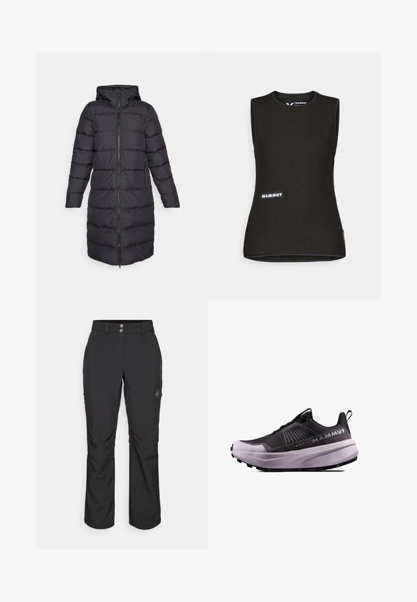 Zwarte pufferjas met een capuchon, voorzien van een ritsluiting, lange mouwen en een horizontaal doorgestikt ontwerp. Twee zijzakken inbegrepen.; Zwart mouwloos shirt met een textuurpatroon, voorzien van een ronde halslijn en een "MAMMUT" logo op de voorkant. Gemaakt van ademend materiaal.; Zwarte outdoor pants met een rechte snit, voorzien van een knoopsluiting, ritszakken aan de zijkant en een logo-label op de linker bovenbeen.; Zwarte en paarse trailrun-schoen met een gestructureerde bovenkant, gevoerde zool en opvallend logo. Kenmerkt een vetersluiting en duurzame profiel.