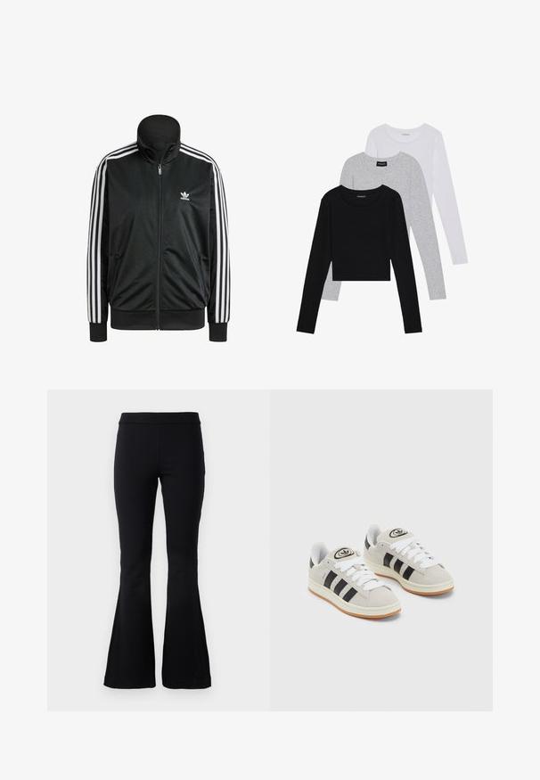 Black jacket made of smooth fabric with a high collar, featuring white three-stripe accents on sleeves and a small white logo on the chest.; Three long-sleeve tops stacked: black, grey, and white. Each has a round neckline and a cropped design with smooth, lightweight fabric.; Black flared pants made from stretchy fabric, featuring a high waistband and flared cuffs with side slits for additional movement.; Gray suede sneakers with white laces, black stripes, and a white rubber sole. Features a circular logo on the tongue and a gum sole.