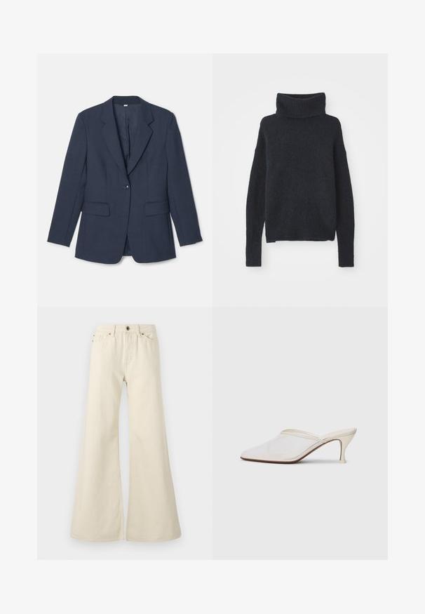 Navy blue blazer made of textured fabric, featuring notched lapels, two front pockets, and a single button closure.; Dark blue turtleneck sweater made of soft, textured fabric. Features long sleeves, a loose fit, and ribbed detailing at the collar and cuffs.; Light beige flared jeans made of cotton. Features a high waist, five pockets, and a button closure with contrasting stitching details.; White mesh pointed-toe mule with a slim mid-height heel and slip-on design against a plain background.