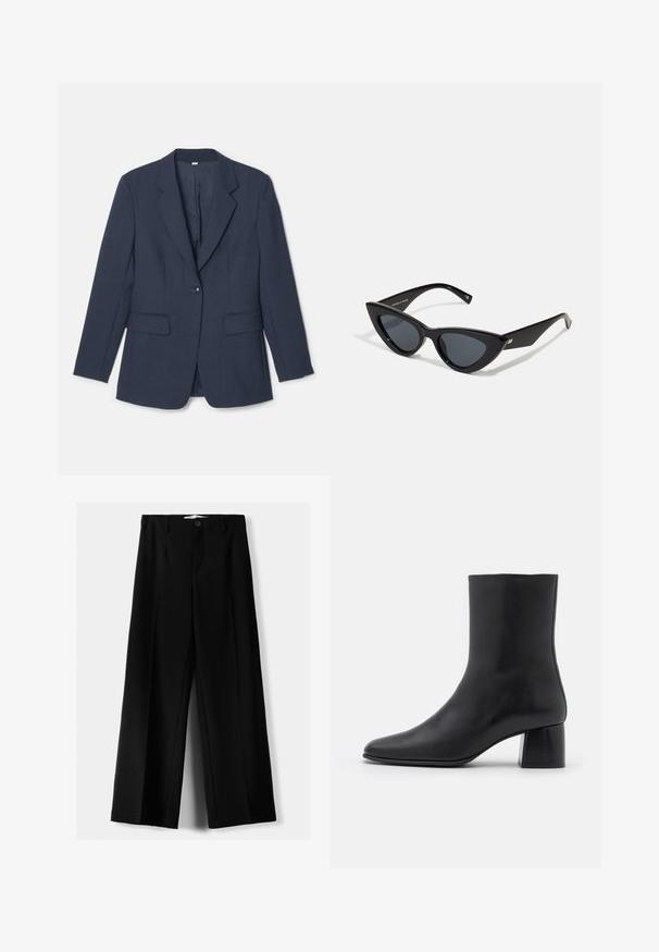 Tummansininen bleiseri, joka on valmistettu teksturoidusta kankaasta. Siinä on notched-lapelit, kaksi etutaskua ja yksittäinen nappisuljenta.; Denim-paita, tummansininen väri, klassinen kaulus, pitkät hihat, nappikiinnitys, korostettuna ruskealla nahkavyöllä vyötäröllä.; Mustat leveälahkeiset housut, jotka on valmistettu kevyestä kankaasta. Housuissa on etunappikiinnitys ja tasainen etuosa, sekä huolellisesti ommellut helmat.; Mustat nahkasaappaat nilkkakorkeudella, joissa on terävä kärki ja tukeva neliön muotoinen korko. Sileä pinta, saumaton muotoilu ja minimalistinen ommel.; Kissansilmälasit, joissa on kiiltävä musta muovikehys, tummat linssit ja kultaiset yksityiskohdat temppeleissä. Kulmikas muotoilu tyylikkäillä viivoilla.; Musta kassi, joka on valmistettu teksturoidusta materiaalista, jossa on kaksi pitkää kahvaa ja yksinkertainen, minimalistinen muotoilu ilman näkyvää metalliosaa.