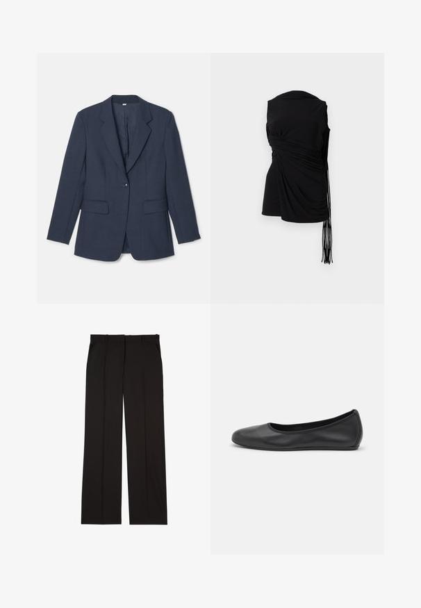 Námořnický modrý blazer vyrobený z texturované tkaniny, s klopami, dvěma předními kapsami a zapínáním na jeden knoflík.; Černý beznáramenkový top s drapérií, bočními nařasením a prodlouženými třásněmi, s hladkou texturou a přiléhavým střihem.; Černé elegantní kalhoty na míru vyrobené z hladké látky, s rovnými nohavicemi a dvěma postranními kapsami. Elegantní a minimalistická konstrukce.; Černé kožené baletní byty s kulatou špičkou, hladkou texturou, minimálními švy a flexibilním designem podrážky.