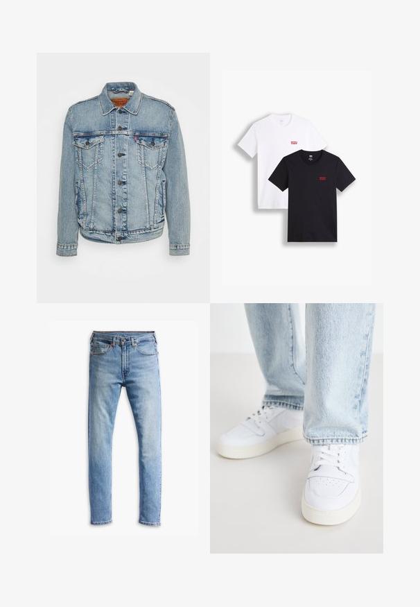 Levi's® TRUCKER - Jeansjakke - always better trucker; To korte ermesskjorter: en hvit og en svart. Begge laget av bomull med en rød Levi's-logo på brystet. Enkel rund hals-design.; Lyseblå denimjeans med rett snitt, fem lommer, knappelukking og subtil falming over stoffet.; Hvite lær lave sneakers med perforert tå, flate lisser og minimalistisk design. Kombinert med lyseblå denimjeans.