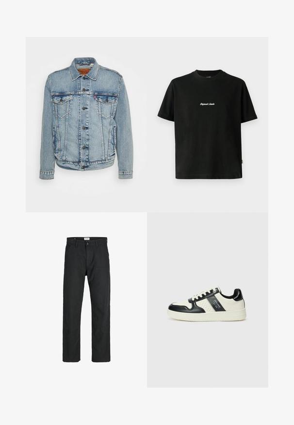 Levi's® TRUCKER - Džinsa auduma jaka - always better trucker; Melnas kokvilnas T-krekls ar īsām piedurknēm, ar baltu izšūtu tekstu "Original Studio" krūšu daļā un apaļu kakla izgriezumu.; Melnas bikses no izturīga auduma, ar taisna griezuma dizainu, izšūtām akcentiem un divām priekšējām kabatām funkcionālitātei.; Ādas sporta apavi ar melnbaltu krāsu shēmu, ar perforētiem akcentiem, mīkstinātu apkakli un teksturētu zoli.