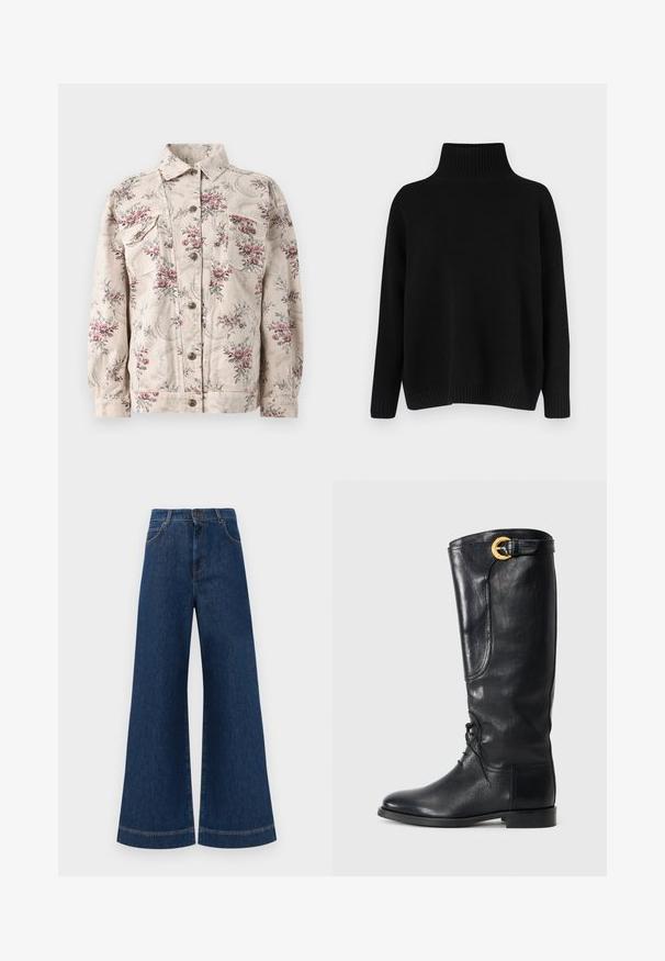 Denim jakna s cvetnim printom v bež barvi z rožami v rozni in sivi, z dvema žepoma na prsih, sprednjim gumbom in standardnim ovratnikom.; Črni pleteni pulover z visokim rebrastim ovratnikom, spuščenimi rameni in sproščenim krojem. Ima rebraste manšete in spodnji rob za dodatno teksturo.; Svetlo modri jeans širokih nogavic z visokim pasom, ki imajo zaponko, težke zanke za pas in subtilne šive ob žepih in robovih.; Ženske črne usnjene škornje do kolen, s zaobljenim nosom, spredaj vezane, z bočno dekoracijo in z zlatim okrasnim sponko na vrhu. Gladka površina.