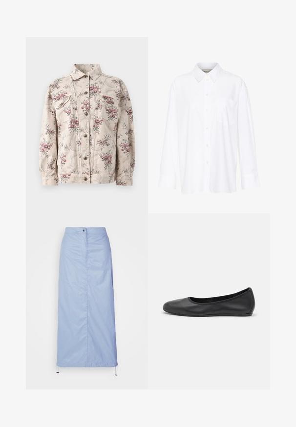 Jachetă din denim cu imprimeu floral în bej, cu flori roz și gri, având două buzunare la piept, închidere cu nasturi și guler standard.; Cămașă albă cu mânecă lungă și guler, fabricată din bumbac. Are un închidere cu băta pe față și un singur buzunar pe piept. Textură netedă, croială lejeră.; Fustă bleu deschis, de lungime medie, confecționată dintr-un material fin și ușor, cu o croială dreaptă, având o închidere frontală cu nasturi și tiv cu șnur.; Balerini din piele neagră, cu vârf rotund, textură netedă, detalii de cusătură minimale și un design al tălpii flexibil.