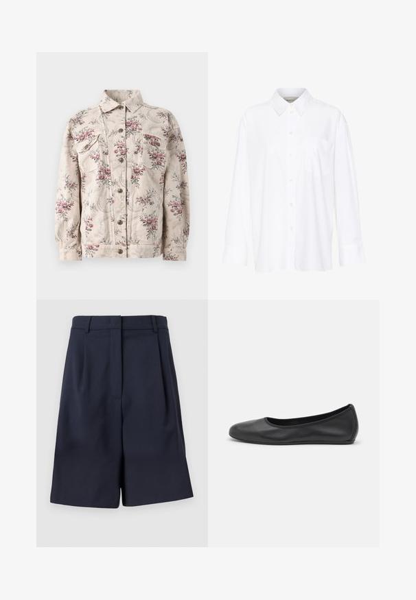 Džínová bunda s květinovým potiskem v béžové barvě s růžovými a šedými květinami, obsahující dvě náprsní kapsy, zapínání na knoflíky a standardní límec.; Bílá košile s dlouhým rukávem a límečkem vyrobená z bavlny. Má knoflíkovou přední část a jedno kapsičku na prsou. Hladký povrch, volný střih.; Námořnické modré šortky na míru vyrobené z hladkého materiálu s vysokým pasem, záhyby vpředu a bočními kapsami. Čistý, strukturovaný silueta.; Černé kožené baletní byty s kulatou špičkou, hladkou texturou, minimálními švy a flexibilním designem podrážky.