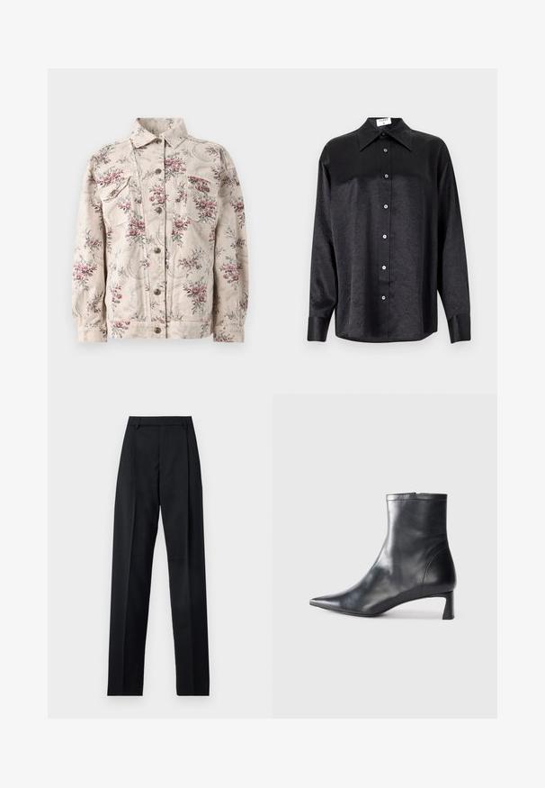 Jachetă din denim cu imprimeu floral în bej, cu flori roz și gri, având două buzunare la piept, închidere cu nasturi și guler standard.; Cămașă neagră cu mânecă lungă, cu guler, cu o textură șifonată, cu nasturi pe toată lungimea și manșete. Fabricată dintr-un material neted.; Pantaloni negri dintr-un material neted, cu talie înaltă, picioare largi, pliuri frontale și loop-uri clasice pentru curea. Fără buzunare laterale vizibile.; Cizmă de gleznă din piele neagră cu vârf ascuțit și un design elegant. Dispune de un toc mic și de o închidere cu fermoar la spate. Textură netedă.