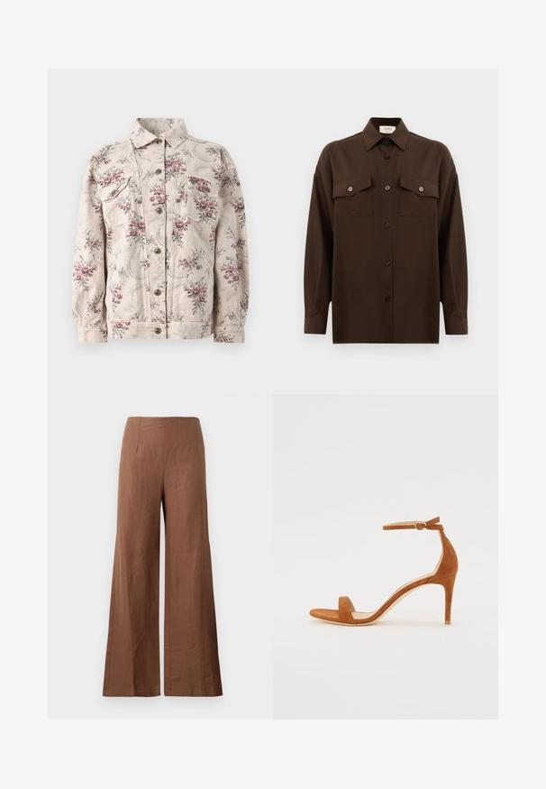 Jachetă din denim cu imprimeu floral în bej, cu flori roz și gri, având două buzunare la piept, închidere cu nasturi și guler standard.; Cămașă lungă, cu mâneci lungi, de culoare maro închis, cu două buzunare frontale cu clapetă și guler clasic, expusă pe un fundal alb simplu.; Pantaloni largi de culoare maro, confecționați dintr-un material texturat. Aceștia au talie înaltă, cu două plii frontale și picioare drepte, fluide.; Sandal cu toc înalt din suede maro, având o curea subțire la gleznă cu o cataramă aurie, vârful deschis și un design elegant, minimalist.