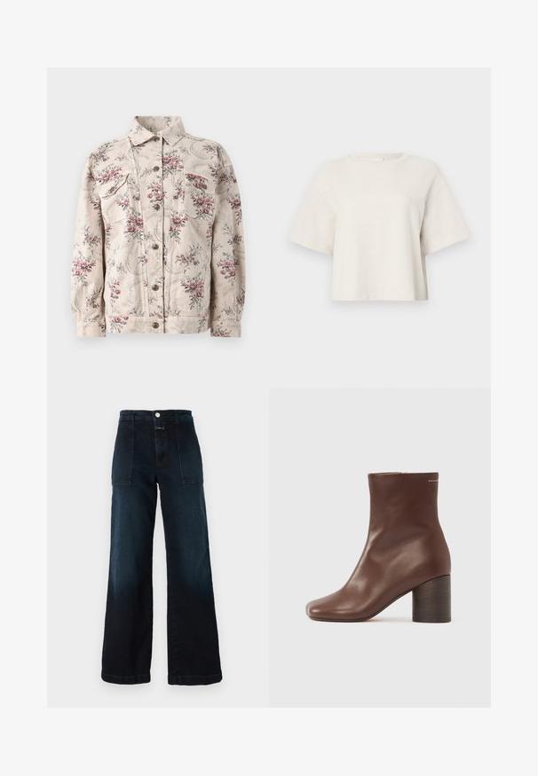 Denim jakna s cvjetnim uzorkom u bež boji s ružičastim i sivim cvjetovima, s dva džepa na prsima, kopčanjem na gumbe i standardnim ovratnikom.; Majica boje kreme skraćena je i napravljena od rebrastog materijala, s okruglim izrezom i kratkim rukavima te opuštenim krojem.; Tamno plave široke traperice s visokim strukom, prednjim džepovima i kopčanjem na dugme. Glatka tekstura s blagim izblijedjeljem.; Smeđe kožne gležnjače glatke teksture, s kvadratnim vrhom i čvrstom drvenom petom, s jednostavnim patentnim zatvaračem sa strane.