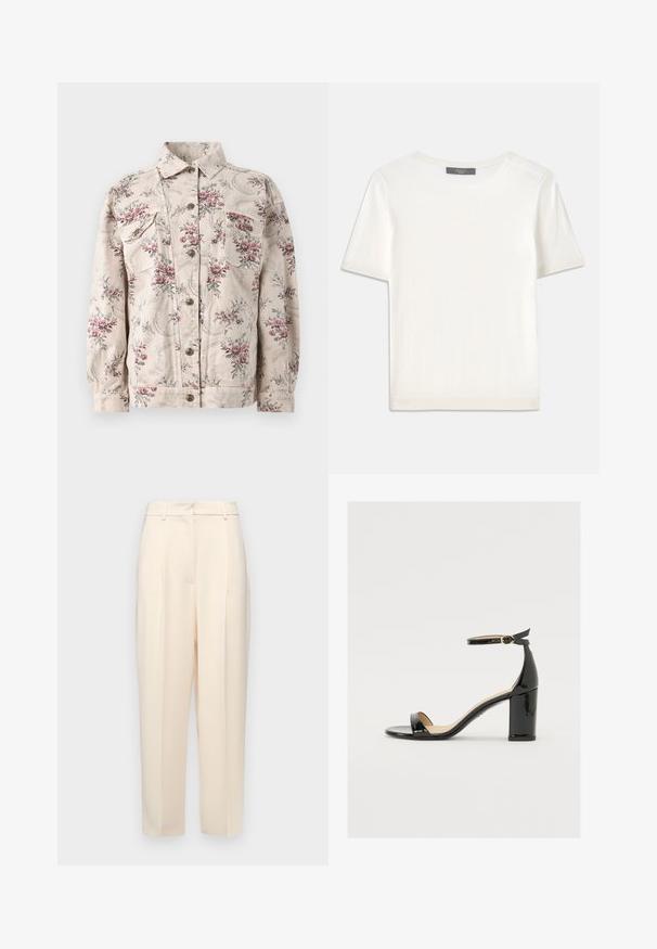 Floral print denim jacket in beige with pink and gray flowers, featuring two chest pockets, a button front, and a standard collar.; White short-sleeve knit top with a round neckline, featuring a smooth texture and subtle ribbed accents at sleeves and hem.; Beige tailored trousers with a straight fit, featuring pleats at the front, a smooth texture, and a mid-rise waist. No visible pockets.; Black patent leather sandal with a wide heel, open toe, and ankle strap featuring a gold buckle. Smooth texture and sleek design.