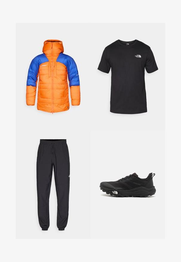 Chaquetón acolchado con paneles naranjas y azules, que presenta un alto cuello, patrón de cuadrícula y cierre frontal con cremallera. Logotipo destacado de la marca en el pecho.; Camiseta negra de manga corta, hecha de algodón, con un cuello redondo y un pequeño logo blanco en la parte superior izquierda del pecho.; Pantalones deportivos negros hechos de un tejido ligero, con una cinturilla ajustable, bolsillos laterales y puños ajustados en los tobillos.; Zapatilla de trail running negra con upper texturizado, suela de goma y puntera reforzada. Presenta un collar acolchado y una lengüeta para poner y quitar fácilmente.