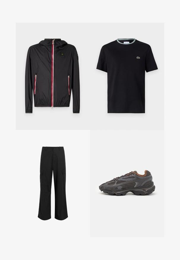 Giacca leggera nera con cappuccio, caratterizzata da dettagli in cerniera rossa, due tasche laterali e polsini elasticizzati. Materiale liscio e resistente all'acqua.; T-shirt nera in cotone con scollatura a girocollo, caratterizzata da un bordo a righe bianche e verdi, e logo coccodrillo ricamato in verde sul lato sinistro del petto.; Pantaloni cargo neri realizzati in tessuto leggero, con una vestibilità rilassata, due ampie tasche laterali e chiusura con bottone.; Sneaker Lacoste grigie scure in materiale mesh e sintetico, con suola testurizzata e dettagli marroni sul colletto e sul branding.