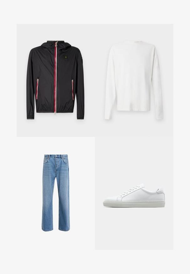 Czarna lekka kurtka z kapturem, z czerwonymi detalami na zamku błyskawicznym, dwoma bocznymi kieszeniami i elastycznymi mankietami. Gładki, wodoodporny materiał.; Biała, bawełniana koszula z długim rękawem, okrągłym dekoltem, bocznymi rozcięciami na dole oraz gładką fakturą, wyeksponowana z tyłu.; Jasnoniebieskie dżinsy o prostym kroju, pięć kieszeni, zapięcie na guzik, minimalne blaknięcia i kontrastowe wykończenia szwów.; Białe sneakersy z gładką skórzaną cholewką i niskim profilem. Posiadają okrągły nos, sześć dziurek na sznurówki oraz teksturowaną gumową podeszwę.