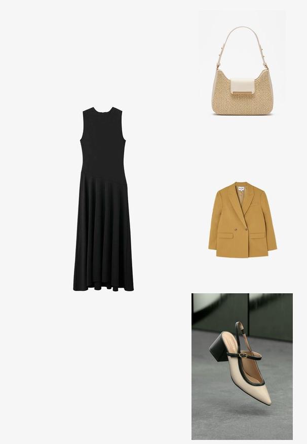 Dwurzędowa żółta marynarka z klapami, dwoma przednimi kieszeniami i brązowymi guzikami, charakteryzująca się zdefiniowaną sylwetką i gładką teksturą.; Czarna, bezrękawnikowa sukienka maxi z dopasowaną górą i rozkloszowanym dołem, charakteryzująca się gładką teksturą i minimalistycznym designem, bez widocznych zapięć.; Beżowe buty typu slingback z ostrym noskiem, czarnym wykończeniem, złotą klamrą i grubym obcasem na szarym podłożu z ciemnozielonym tłem.; Beżowa torebka z plecionym, teksturowanym korpusem, gładką kremową klapą i krótkim paskiem. Złote wykończenia dodają szczegółu do projektu.