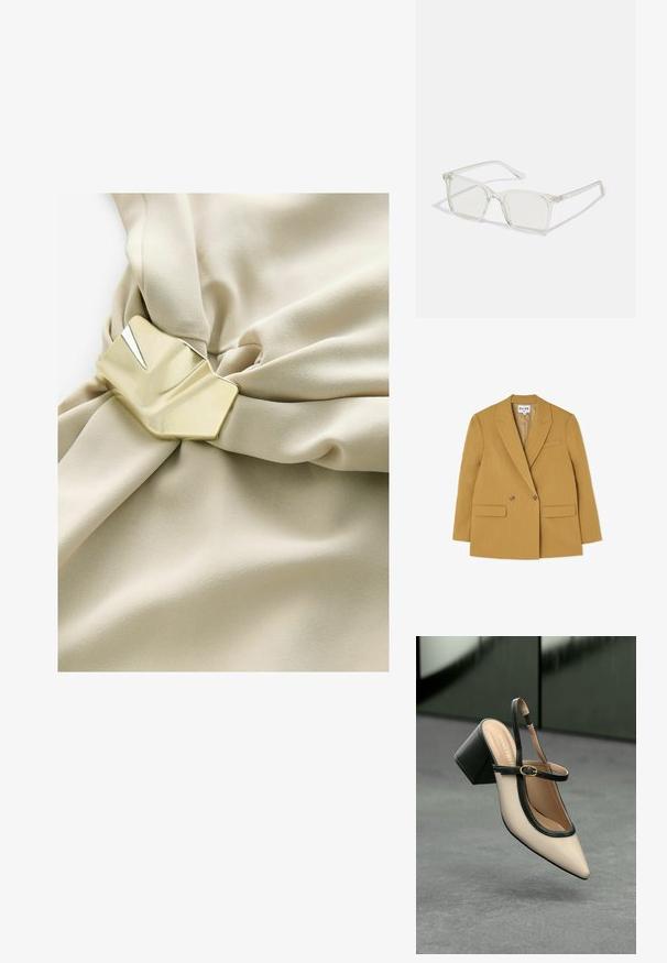 Dubbelzijdige gele blazer met gekartelde revers, twee kleine voorzakken en bruine knopen, met een gestructureerde silhoutte en een soepele textuur.; Beige stof met een gladde textuur, verzameld in het midden, met een gouden metalen sluiting met een geometrisch ontwerp.; Beige puntige slingback schoen met zwarte rand, gouden gesp en een chunky blokhak op een grijze vloer met een donker groene achtergrond.; Heldere plastic vierkante monturen met doorzichtige glazen, gekenmerkt door gouden accenten op de slapen voor extra detail.; Witte leren handtas met dubbele handgrepen en een afneembare schouderband, met een voorzak met rits en een gladde textuur. Draagend aan de arm van een persoon.