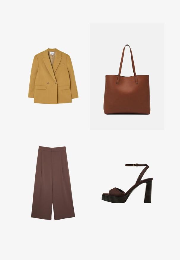 Blazer giallo doppiopetto con rever a punta, due tasche frontali e bottoni marroni, caratterizzato da una silhouette strutturata e una texture liscia.; T-shirt bianco a maniche corte realizzato in cotone. Presenta un collo tondo e una vestibilità rilassata. Texture liscia senza motivi o dettagli visibili.; Pantaloni ampi marroni con una texture liscia, caratterizzati da una vita alta e pieghe frontali. Il tessuto è leggero e scorre liberamente.; Sandal in camoscio marrone con tacco alto, punta aperta, cinturino alla caviglia regolabile e suola a piattaforma striata.; Borsa tote in pelle marrone con texture liscia, design con apertura superiore e due spallacci. Presenta cuciture minime e nessun hardware visibile.