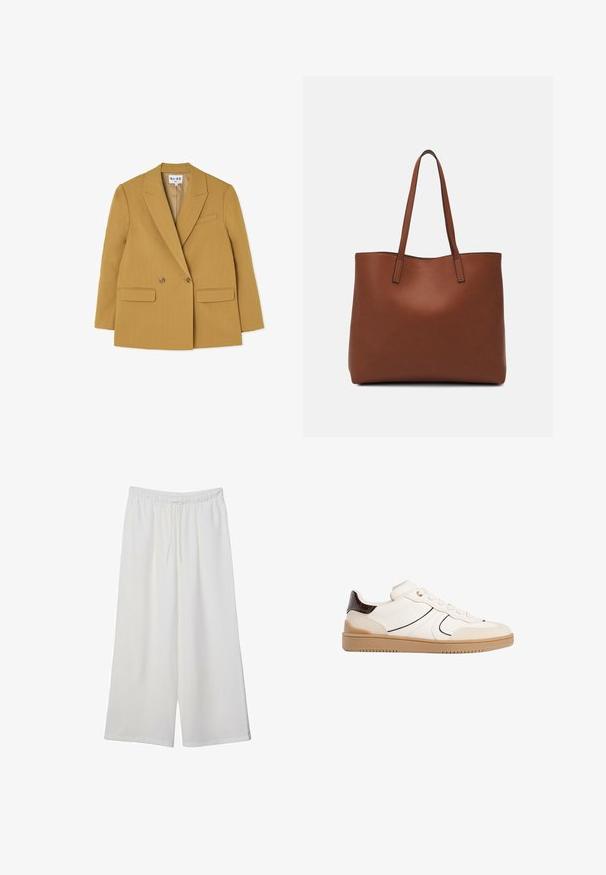 Double-breasted yellow blazer with notched lapels, two front pockets, and brown buttons, featuring a structured silhouette and smooth texture.; White short-sleeve t-shirt made of cotton. Features a crew neckline and a relaxed fit. Smooth texture with no visible patterns or accents.; White wide-leg trousers made of lightweight fabric, featuring an elastic waistband and a drawstring for adjustable fit. Smooth texture.; Stradivarius Trainers - white; Brown leather tote bag with a smooth texture, open top design, and two shoulder straps. Features minimal stitching and no visible hardware.