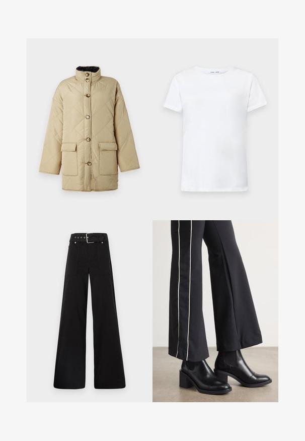 Beige vadderad jacka med hög krage, med fyra framfickor, bruna knappar och en mjuk svart innertyg.; Vit kortärmad t-shirt i bomull med rundad halsringning. Slät textur och rak skärning, utan mönster eller detaljer.; Svarta vida byxor i bomull med hög midja, stora sidofickor och bälte med silverdetaljer.; Svarta läderankelboots med klack, med elastiska sidopaneler. I kombination med svarta byxor som har en vit sidostrip.