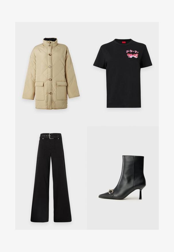 Jacheta bej matlasată cu guler înalt, având patru buzunare frontale, nasturi maro și o căptușeală interioară moale de culoare neagră.; Tricou din bumbac negru cu mâneci scurte, având o grafică roz cu o pereche de ochelari de soare și textul "Not Your Girl" pe zona stângă a pieptului.; Pantaloni negri cu croială largă, confecționați din bumbac, cu talie înaltă, buzunare laterale mari și talie prevăzută cu brâu cu accente din metal argintiu.; Botine negre din piele, cu vârf ascuțit, toc subțire de înălțime medie și detaliu cu cataramă argintie pe lateral, pe un fundal simplu.