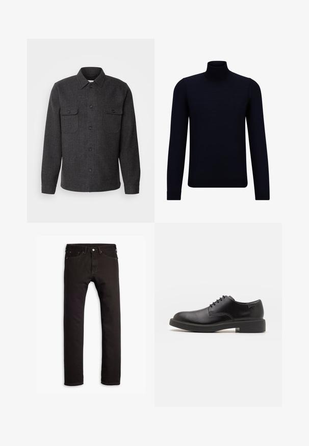 Lindbergh TEXTURED OVERSHIRT - Overgangsjakke - charcoal; Mørkeblå turtleneck sweater lavet af fint strikstof, med lange ærmer og en tætsiddende, høj halsudskæring. Ingen synlige mønstre eller detaljer.; Sorte slim-fit jeans med fem lommer og knaplukning, præsenteret fladt på en hvid baggrund.; Sorte læder snørestøvle med rund tå, glat tekstur, minimal syning og lav gummihæl. Logo på hælen.