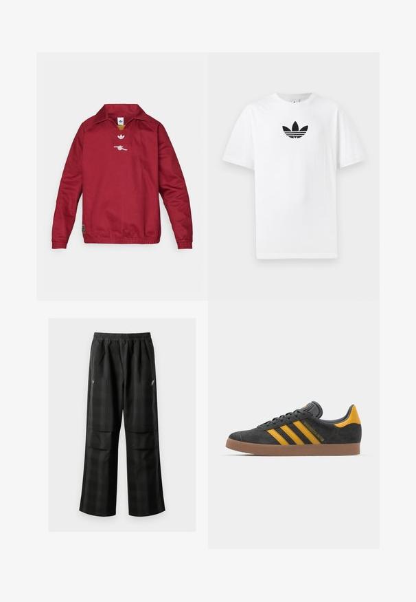 Červená pulovrová bunda s límcem, vyrobená z hladké tkaniny. Na hrudi je vyšitý logo a manžety jsou žebrované. Elastický spodní lem.; Bílá bavlněná tričko s černým logem Adidas uprostřed. Krátký rukáv a design s kulatým výstřihem. Hladká textura.; Černé kostkované kalhoty s elastickým pasem, dvěma předními kapsami a volným střihem se rovnými nohavicemi. Vyrobeny z lehkého materiálu.; Černé semišové tenisky se žlutými akcenty, vybavené třemi pruhy a hnědou gumovou podrážkou. Obsahují polstrovaný jazyk pro pohodlí.