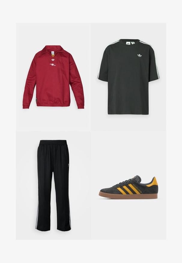 Punane pullover-tüüpi jakk kraega, valmistatud siledast kangast. Rinnal tikitud logo ja soonikkoes varrukaserval. Elastne alumine serv.; Mustast puuvillast lühikeste varrukatega t-särk, ümmarguse kaelusega ja valgete kolmetriipudega õlgadel. Rinnal on väike valge logo.; Mustad mustad spordipüksid elastse vöökohaga, millel on valged küljeread ja väike logo. Materjal tundub pehme ja kerge.; Mustad sametist spordijalatsid kollaste aktsentidega, millel on kolm triipu ja pruun kummitald. Mugavuse tagamiseks on neil pehmendatud keele osa.