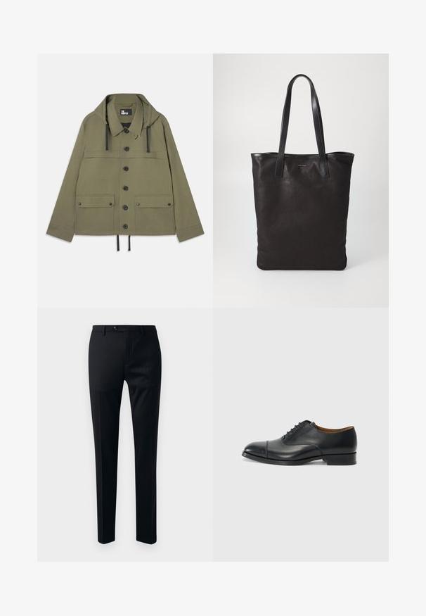 Maslinasto zelena jakna s kapuljačom, prednjim dugmadi, dva džepa na grudima i porubom s umetkom. Izrađena od glatkog materijala s crnim detaljima.; Bijela košulja s dugim rukavima na dugme, izrađena od pamuka, s džepom na prsima s ton-sur-ton vezom, ovratnikom i dugmadi na manžetama.; Crne hlače od odijela s glatkim materijalom, tapered krojem nogavica, jednim dugmetom za zatvaranje i bočnim džepovima za praktičnost.; Crne kožne cipele s glatkom završnom obradom, zaobljenim nosom, pet rupica za vezivanje vezica i niskim blok potplatom. Minimalistički dizajn s suptilnim šavovima.; Crna platnena torba s crnim kožnim ručkama. Jednostavan dizajn, prostrano tijelo i glatka tekstura. Bez vidljivih logotipa ili uzoraka.
