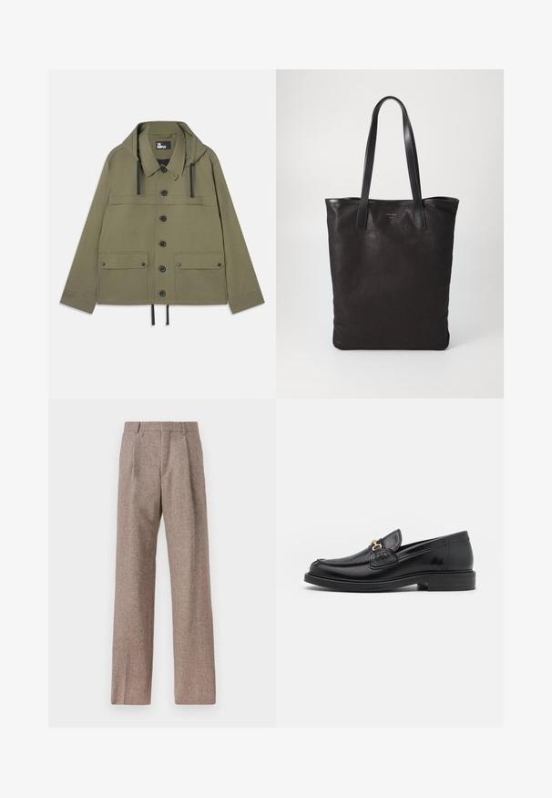 Veste vert olive avec capuche, devant à boutons, deux poches poitrine et ourlet à cordon. Fabriquée en tissu lisse avec des accessoires en métal noir.; Chemise blanche à manches longues avec boutons en coton, présentant une poche poitrine avec broderie ton sur ton, un col et des poignets boutonnés.; Pantalons marron taille haute en tissu texturé. Présente des jambes larges et deux plis avant pour la structure. Finition soignée sans matériel visible.; Mocassins en cuir noir avec un embout rond, présentant des accents en métal doré et des détails de couture, montés sur une semelle en caoutchouc texturé et basse.; Sac fourre-tout en toile noire avec des poignées en cuir noir. Design simple, corps spacieux et texture lisse. Pas de logos ou motifs visibles.