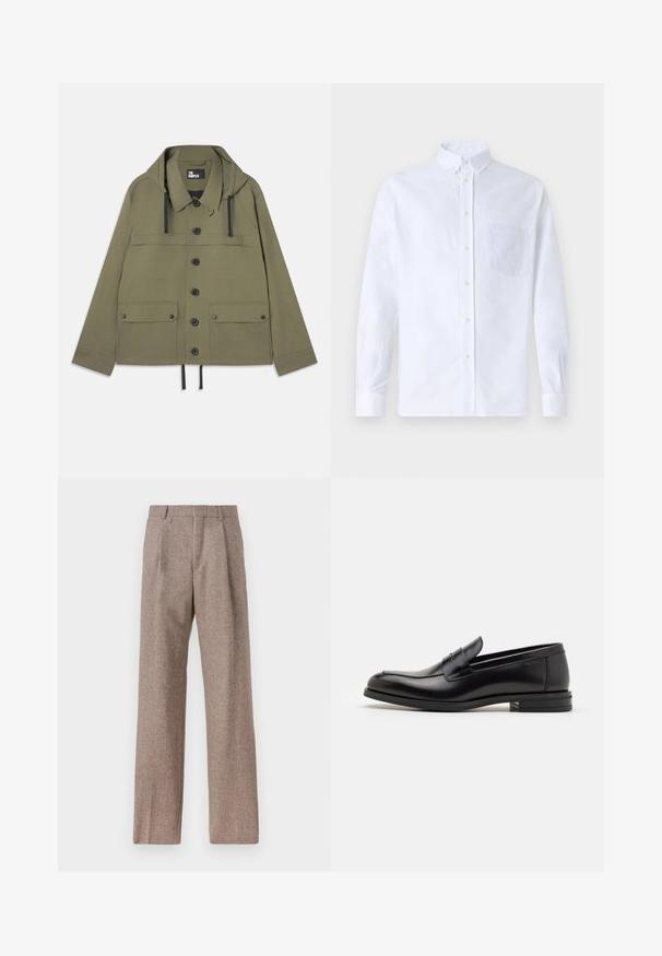 Olive green jacket with a hood, button front, two chest pockets, and drawstring hem. Made from smooth fabric with black hardware accents.; White long-sleeve button-up shirt made of cotton, featuring a chest pocket with tonal embroidery, a collar, and button cuffs.; Brown, high-waisted trousers made of textured fabric. Features wide legs and two front pleats for structure. Neat finish with no visible hardware.; Black leather loafers with a smooth texture, rounded toe, and a decorative strap across the vamp. Low stacked heel, minimalist design.