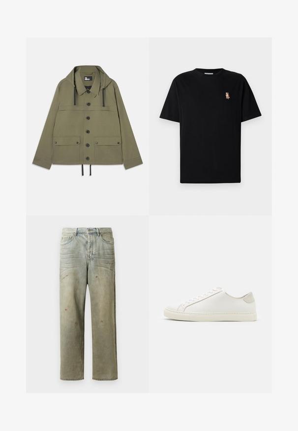 Olīvzaļa jaka ar kapuci, pogu priekšpusi, divām krūšu kabatām un regulējamu apakšdaļu. Izgatavota no gludas auduma ar melniem aksesuāriem.; Melna īsām piedurknēm T-krekls ar apļa izgriezumu un nelielu izšūtu oranžu lapsas logo kreisajā krūtīs.; Izsistās džinsās gaisā zaļā krāsā, ar taisnu kāju, piecu kabatu dizainu un nevienmērīgu izbalēšanu, kā arī krāsas šļakatas.; Balti ādas sporta apavi ar gludu virsmu, noapaļotu purngala daļu un minimālistisku dizainu. Iezīmējas ar bežām akcentiem uz papēža un gumijas zoli.