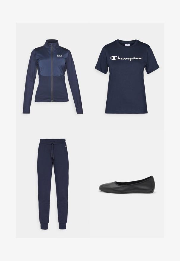 EA7 Emporio Armani GOLF PRO - Běžecká bunda - blue; Námořnická modrá bavlněná tričko s krátkými rukávy, s bílým logem "Champion" přes hrudník a malým logem na rukávu.; Námořnické modré tepláky vyrobené z měkkého materiálu, s páskem na stažení v pase, zeštíhlenými nohavicemi a pružnými manžetami. Malý logo detail na bocích.; Černé kožené baletní byty s kulatou špičkou, hladkou texturou, minimálními švy a flexibilním designem podrážky.