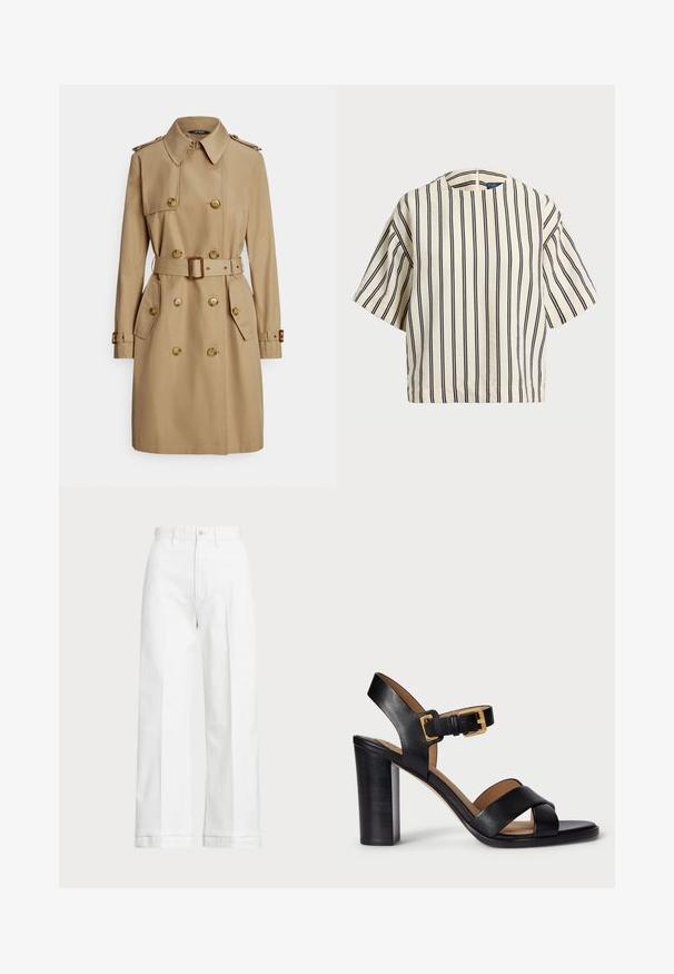 Casaco trench bege com design de abotoamento duplo, botões dourados, ombreiras, cinto na cintura e bolsos laterais. Tecido liso e resistente.; Top de manga curta, riscado em creme e azul marinho, com decote redondo e design boxy em tecido texturizado.; Calças brancas de perna larga com uma cintura alta, apresentando um fecho de botão e detalhes de costura discreta. Feitas de algodão com uma textura suave.; Sandálias de salto alto em couro preto com design de tiras cruzadas e fecho com fivela. Apresentam um salto robusto e textura suave.