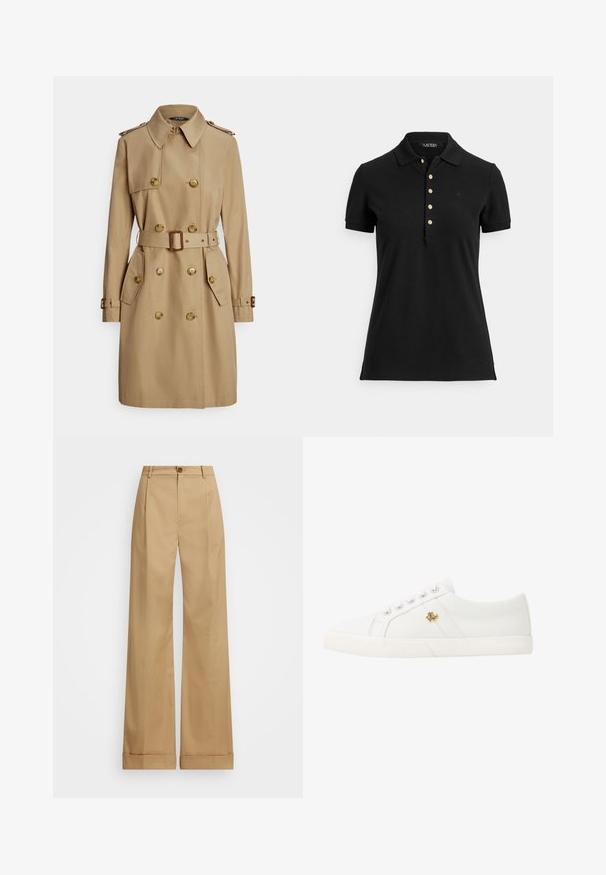 Casaco trench bege com design de abotoamento duplo, botões dourados, ombreiras, cinto na cintura e bolsos laterais. Tecido liso e resistente.; Polo preta feita de tecido texturizado, com gola, mangas curtas e pala com botões dourados. Detalhe sutil do logótipo no peito.; Calças largas beje com fecho de botão, apresentando uma textura suave e pregas vincadas. Bainhas com punho para um detalhe adicional.; Lauren Ralph Lauren JANSON II CANVAS SNEAKER - Sapatilhas - optic white