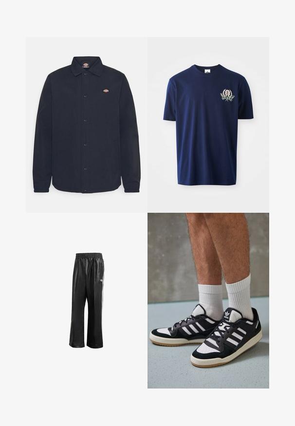 Musta nappikaulus takki, jossa on terävä kaulus ja pieni logo vasemmassa rinnassa, valmistettu sileästä kankaasta, jossa on mattapinta.; Laivansininen puuvillapaita, jossa on lyhyet hihat, pyöreä kaula-aukko ja brodeerattu logo, jossa on laakerisojat vasemmassa rinnassa.; Mustat synteettiset juoksuhousut, joissa on joustava vyötärö, valkoiset sivusuunnassa olevat raidat ja pieni valkoinen logo vasemmassa lantiossa.; Valkoiset ja mustat tennarit, joissa on mokkanahka- ja nahkapäällinen, kolme valkoista raitaa, rei'itetty kärki ja kumipohja.