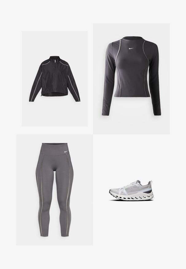 Czarna, lekka kurtka z przodu na zamek błyskawiczny, z wysokim kołnierzem i białymi odblaskowymi paskami na ramionach i bokach. Dwie kieszenie na zamek.; Długo rękawowy top sportowy w ciemnoszarym kolorze, wykonany z elastycznej tkaniny, z okrągłym dekoltem i kontrastowym przeszyciem. Logo Nike na klatce piersiowej.; Szare legginsy wysokiej talii wykonane z elastycznego materiału, z kontrastującymi paskami po bokach i dopasowanym krojem zapewniającym komfort i swobodę ruchów.; Białe buty sportowe z siateczkowym wierzchem, szarymi akcentami, grubą wkładką amortyzującą oraz wieloma otworami wentylacyjnymi wzdłuż dolnej krawędzi.