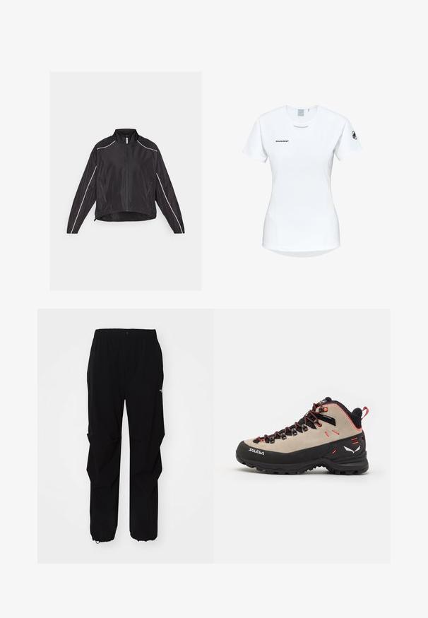 Black lightweight jacket with a front zipper, high collar, and white reflective stripes along shoulders and sides. Two zippered pockets.; Short-sleeve white athletic shirt with a round neckline, featuring a logo on the chest and a smooth, lightweight fabric texture.; Black outdoor pants made from durable material, featuring a relaxed fit, elastic waistband, and cinched cuffs for adjustable length.; Men’s hiking boots featuring a beige suede upper, black rubber sole, red accents, and a lace-up design for secure fit.