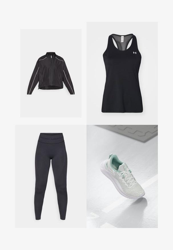 Schwarze leichte Jacke mit einem Frontreißverschluss, hohem Kragen und weißen reflektierenden Streifen an den Schultern und Seiten. Zwei Reißverschlusstaschen.; Schwarz sportliches Tanktop aus strukturiertem Material, mit Racerback-Design und dezentem Logo-Detail auf der Brust. Leicht und atmungsaktiv.; Schwarze Leggings mit einem hohen, elastischen Bund, der den Schriftzug "UNDER ARMOUR" trägt. Glatte Textur mit subtilen Musterakzenten entlang der Beine.; Hellgraue Sportchuhe mit einem strukturierten Strickoberteil, mintgrünen Akzenten, weißen Schnürsenkeln, Gummisohle und einer Schlaufe an der Ferse.