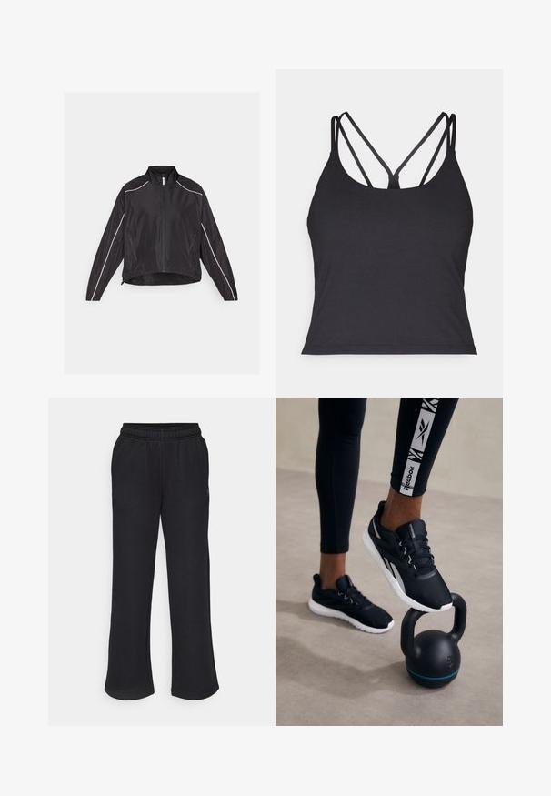 Musta kevyt takki, jossa on etuvetoketju, korkea kaulus ja valkoiset heijastavat raidat hartioilla ja kyljissä. Kaksi vetoketjullista taskua.; Musta tank top ohutse olatustega, millel on risttõmme seljal. Valmistatud pehmest ja venivast materjalist, millel on keha lähedane siluett.; Mustat verkkarit, joissa on levenevä muoto, joustava vyötärö ja sivutaskut. Valmistettu pehmeästä kankaasta, jossa ei ole näkyviä kuvioita tai yksityiskohtia.; Musta urheilukenkä, jossa on tekstuuri päällinen, valkoinen pohja ja harmaat yksityiskohdat, asetettuna mustan kettlebellin päälle, jossa on sininen raita, neutraalilla taustalla.