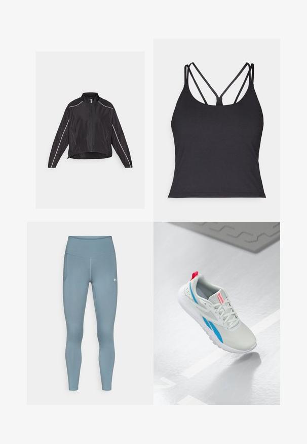Schwarze leichte Jacke mit einem Frontreißverschluss, hohem Kragen und weißen reflektierenden Streifen an den Schultern und Seiten. Zwei Reißverschlusstaschen.; Schwarzes Tanktop mit dünnen Trägern und einem überkreuzten Design auf der Rückseite. Hergestellt aus weichem, dehnbarem Material mit einer figurbetonten Silhouette.; Helle blaue Sportleggings mit hohem Bund, seitlicher Tasche und glattem, dehnbarem Material für erhöhten Komfort und Beweglichkeit.; Weiß-blaues Reebok-Sneaker mit rotem Ziehband schwebt über einem glänzenden Boden, daneben befindet sich eine graue Gummimatte.