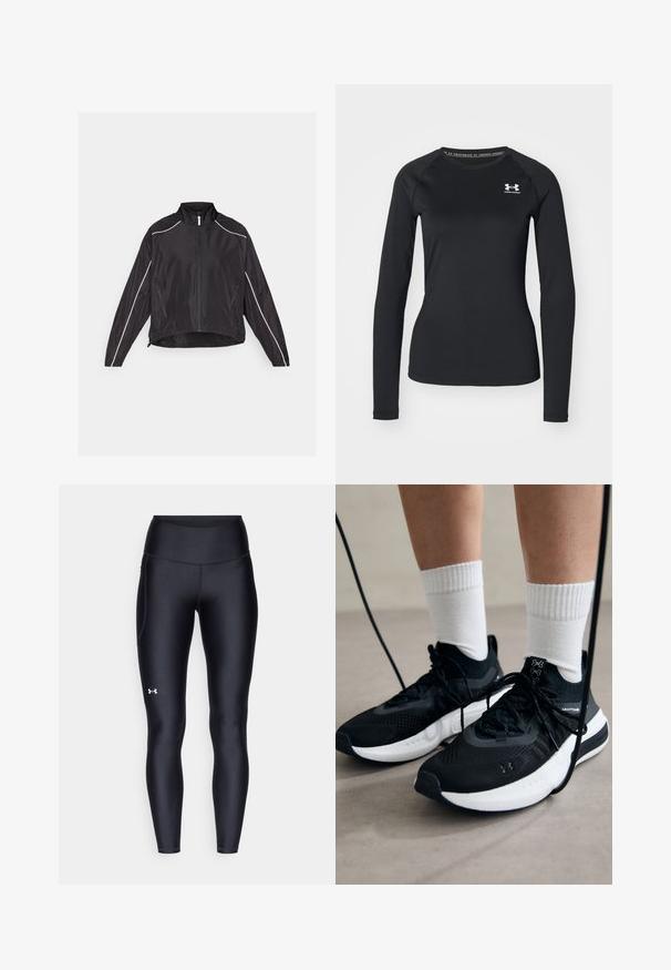 Chaqueta ligera negra con cremallera frontal, cuello alto y franjas reflectantes blancas en los hombros y los laterales. Dos bolsillos con cremallera.; Camisa atlética de manga larga negra hecha de una tela suave, con un escote redondo y un pequeño logotipo blanco en el lado izquierdo del pecho.; Leggings negros hechos de un material suave y elástico con una cintura alta. Presentan un logo blanco en el muslo izquierdo y un diseño ajustado.; Zapatillas deportivas negras con tela texturizada, suela blanca y cordones negros. Llevadas con calcetines blancos de canalé, de pie sobre una superficie clara.