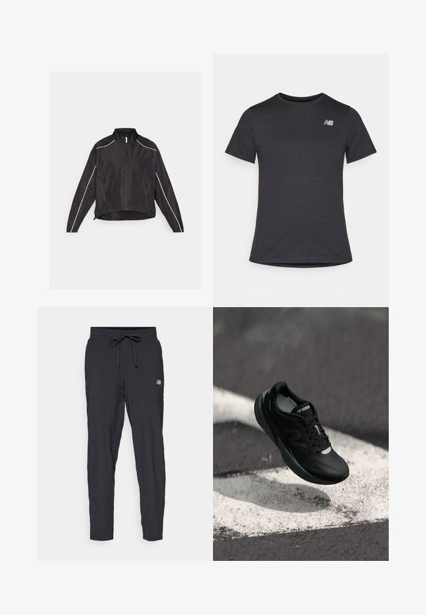 Jachetă ușoară neagră, cu fermoar frontal, guler înalt și dungi reflective albe pe umeri și laterale. Două buzunare cu fermoar.; Tricou scurt cu mânecă neagră, fabricat dintr-un material moale, având un mic logo gri New Balance pe pieptul din stânga sus, cu un design clasic de gât.; Pantaloni de antrenament negri, confecționați dintr-un material ușor, cu talie elastică și șnur ajustabil. Au un mic logo pe lateral.; Pantofii de alergare negri cu un superior texturat, design elegant și accente reflectorizante. Dispun de o talpă moale și amortizată pentru confort.