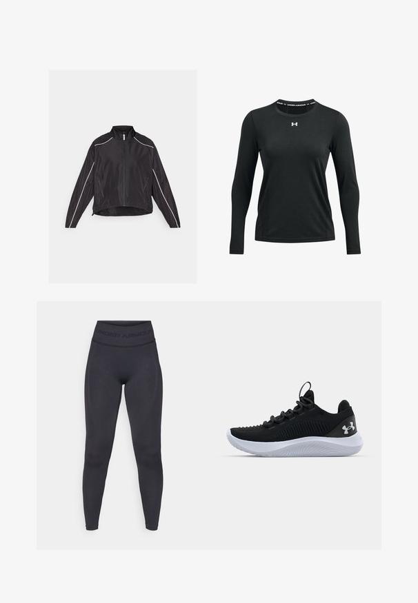 Black lightweight jacket with a front zipper, high collar, and white reflective stripes along shoulders and sides. Two zippered pockets.; Black long-sleeve athletic shirt made of smooth fabric. Features a round neckline with an Under Armour logo printed at the collar.; Black leggings with a high elastic waistband featuring "UNDER ARMOUR" text. Smooth texture with subtle pattern accents along the legs.; Black athletic shoes with a breathable mesh upper, textured detailing, and a white rubber sole. Features flat laces and a heel pull tab.