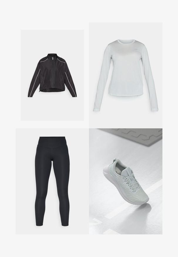 Veste légère noire avec une fermeture éclair à l'avant, un col haut et des bandes réfléchissantes blanches le long des épaules et des côtés. Deux poches zippées.; Chemise en mesh à manches longues, de couleur gris clair, avec un col rond, présentant un motif texturé subtil et un petit logo sur la poitrine.; Leggings noirs en tissu extensible, dotés d'une taille haute, d'une texture lisse et d'un ajustement serré. Pas de motifs visibles ni de matériel.; Chaussure de sport gris clair avec un dessus en maille texturée, un design à lacets, une semelle rembourrée et un minimum de détails de marque.