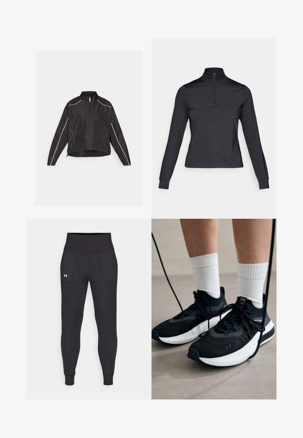 Fekete, könnyű dzseki elülső cipzárral, magas gallérral és fehér fényvisszaverő csíkokkal a vállakon és az oldalakon. Két cipzáros zseb.; Fekete, hosszú ujjú pulóver, magas cipzáras gallérral, sima anyagból készült. Feszes ujjak és cropped fazon jellemzi.; Fekete sportleggings rugalmas anyagból, magas derékfűzéssel, oldalsó zsebekkel és szűkített szárakkal a bokán.; Fekete sportcipők textúrált anyagból, fehér talppal és fekete fűzőkkel. Fehér bordázott zoknikkal viselve, világos felületen állva.