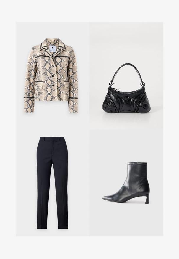 Chaqueta con estampado de serpiente, en beige y negro, con un corte entallado, dos bolsillos frontales y un ribete en contraste a lo largo del cuello y los bolsillos.; Top negro de manga corta tejido con cuello redondo. Presenta detalles sutiles acanalados en las mangas y el dobladillo, confeccionado con una tela suave.; Pantalones de corte recto en color navy, con una textura suave, dos bolsillos delanteros y una cinturilla limpia.; Botín de cuero negro hasta el tobillo con punta afilada y un diseño elegante. Presenta un tacón bajo y un cierre con cremallera en la parte trasera. Textura suave.; Bolso negro de piel texturizada con forma redondeada. Cuenta con una fina correa para el hombro y patrones decorativos en relieve.