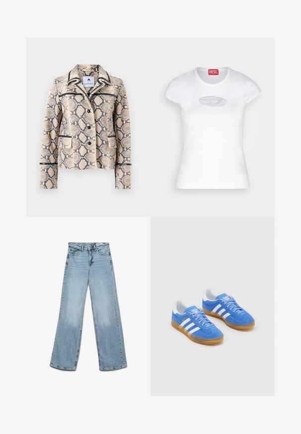 Giacca stampata a serpente, beige e nera, con vestibilità sartoriale, due tasche frontali e profili a contrasto lungo il colletto e le tasche.; Maglietta aderente bianca in cotone, con scollatura rotonda e maniche corte, caratterizzata da un logo ricamato di colore azzurro chiaro sul davanti.; Jeans a gamba larga blu chiaro, realizzati in denim, con un classico design a cinque tasche e una vestibilità dritta con una leggera scoloritura sulle gambe.; Scarpe sportive blu in suede con dettagli bianchi a strisce, suola in gomma e colletto imbottito per il comfort. Presentano un classico design con lacci.