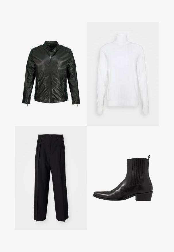 Sort læderjakke med opretstående krave, fuld lynlås foran, to sidelommer med lynlås og paneldetaljer på skuldrene. Glat tekstur.; Hvid turtleneck sweater med lange ærmer, lavet af glat stof. Har et tætsiddende design og ribbede manchetter og kant. Ingen mønstre eller accenter.; Sorte plisserede bukser med et lige, bred ben-design. Fremstillet af glat stof, med en knaplukning og bæltesløjfer.; Sort læder ankelstøvle med spids tå, elastiske sidepaneler, lodrette stikninger og en lav blokhæl.
